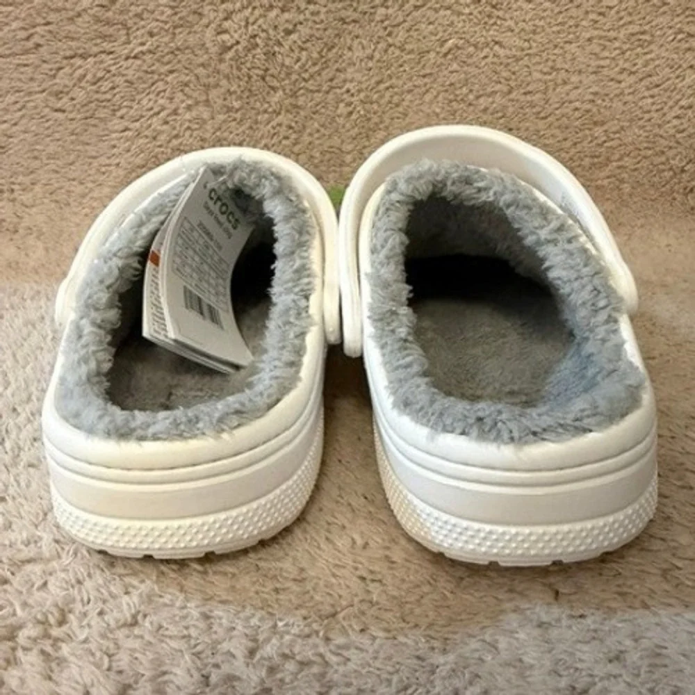 Crocs Baya‎ Lined Clogs White Grey Mens Size 10 Fleece Fur Slippers 205969-11H